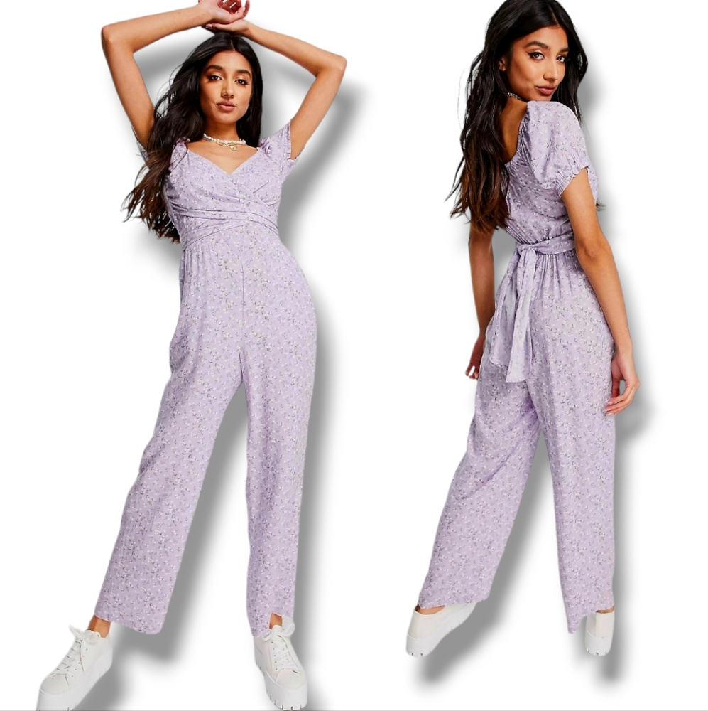 HOLLISTER Women's Lilac Ditsy Floral Print Wrap Front Jumpsuit